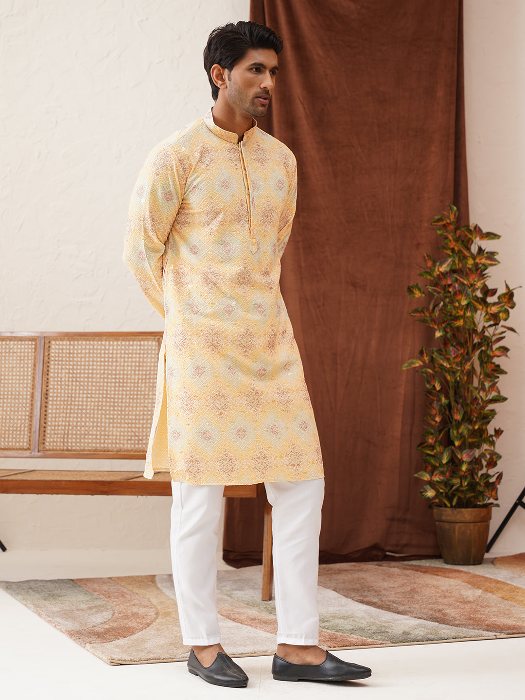 Embroidered Straight Kurta Pajama Set For Men