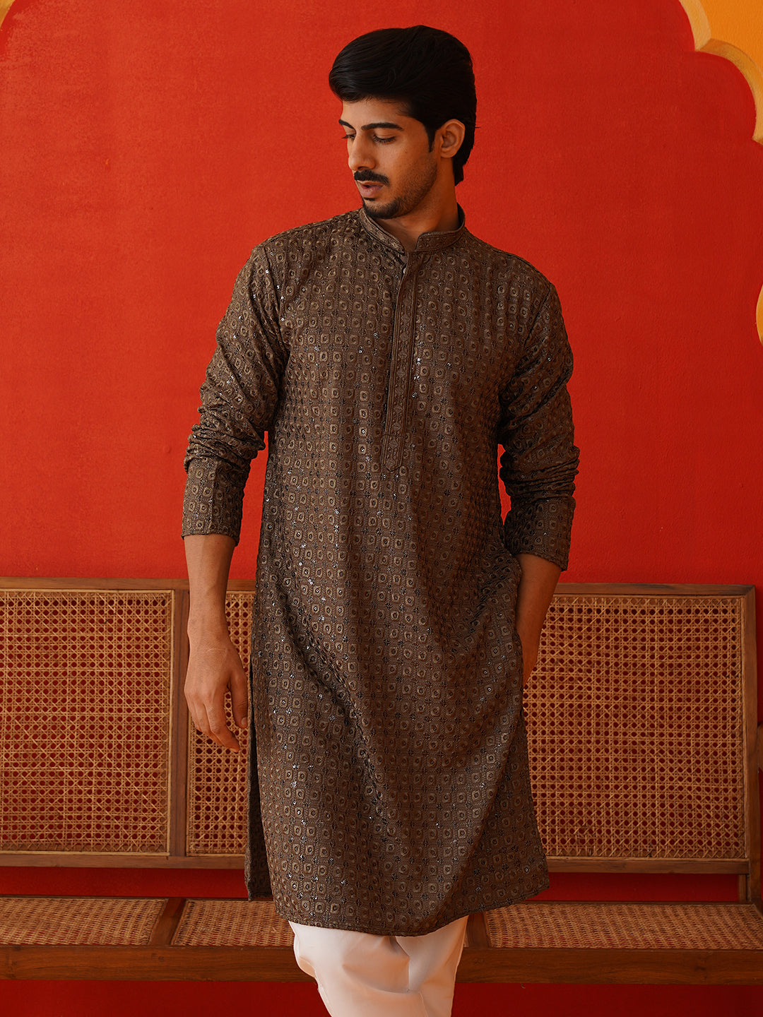 Embroidered Chikankari And Sequence Kurta Set For Men
