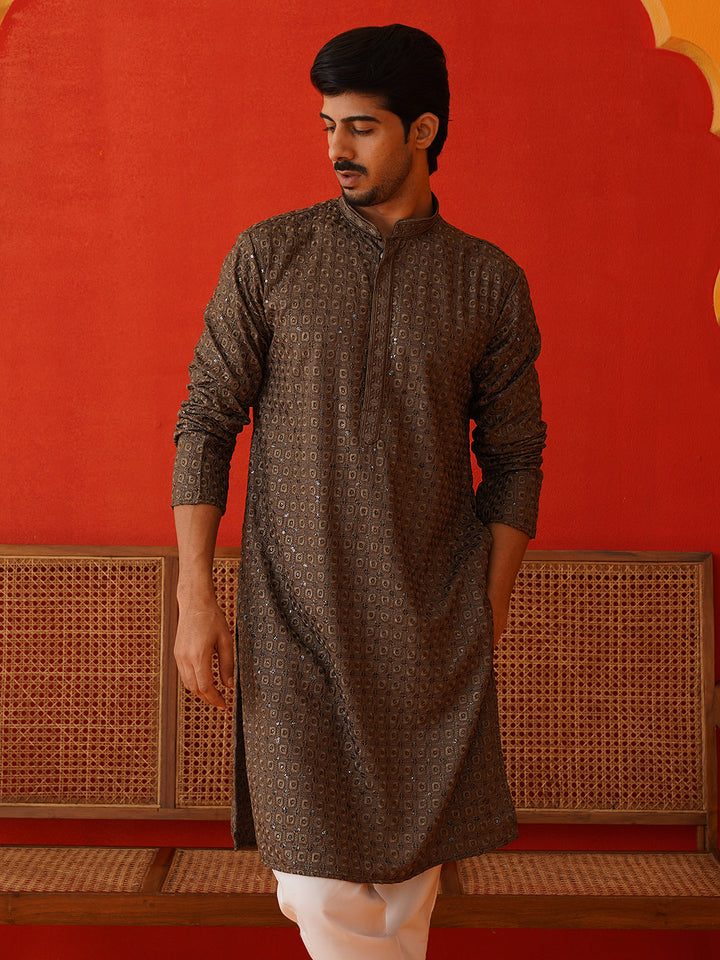 Embroidered Chikankari And Sequence Kurta Set For Men