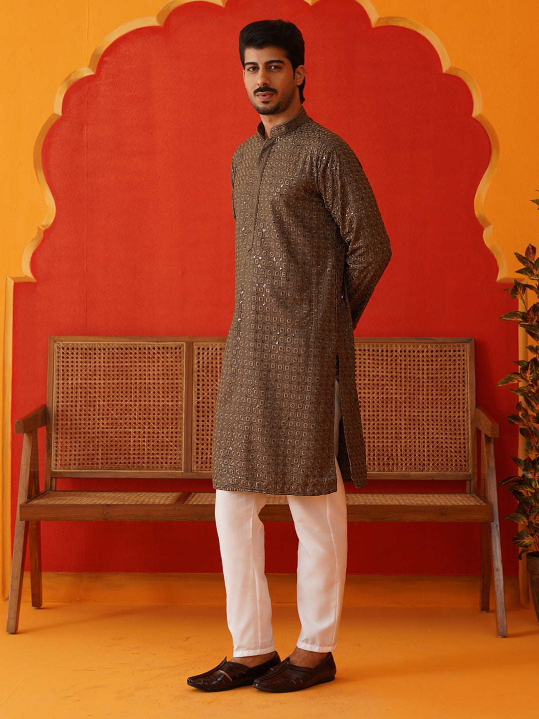 Embroidered Chikankari And Sequence Kurta Set For Men