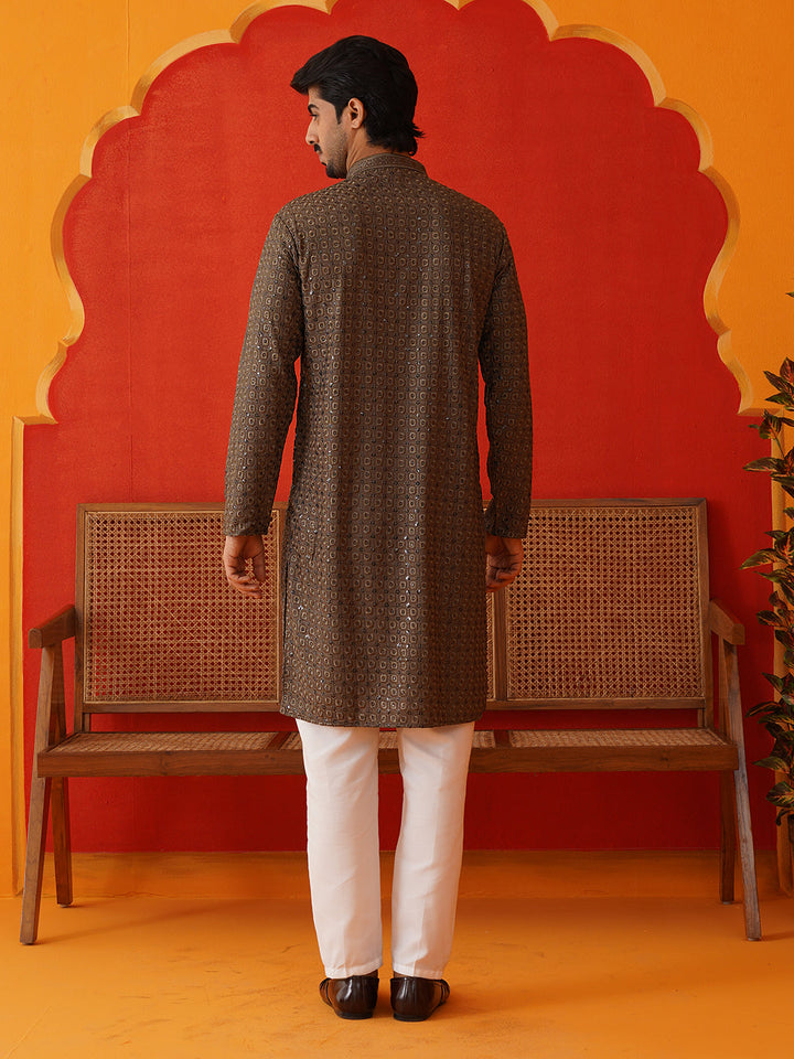 Embroidered Chikankari And Sequence Kurta Set For Men