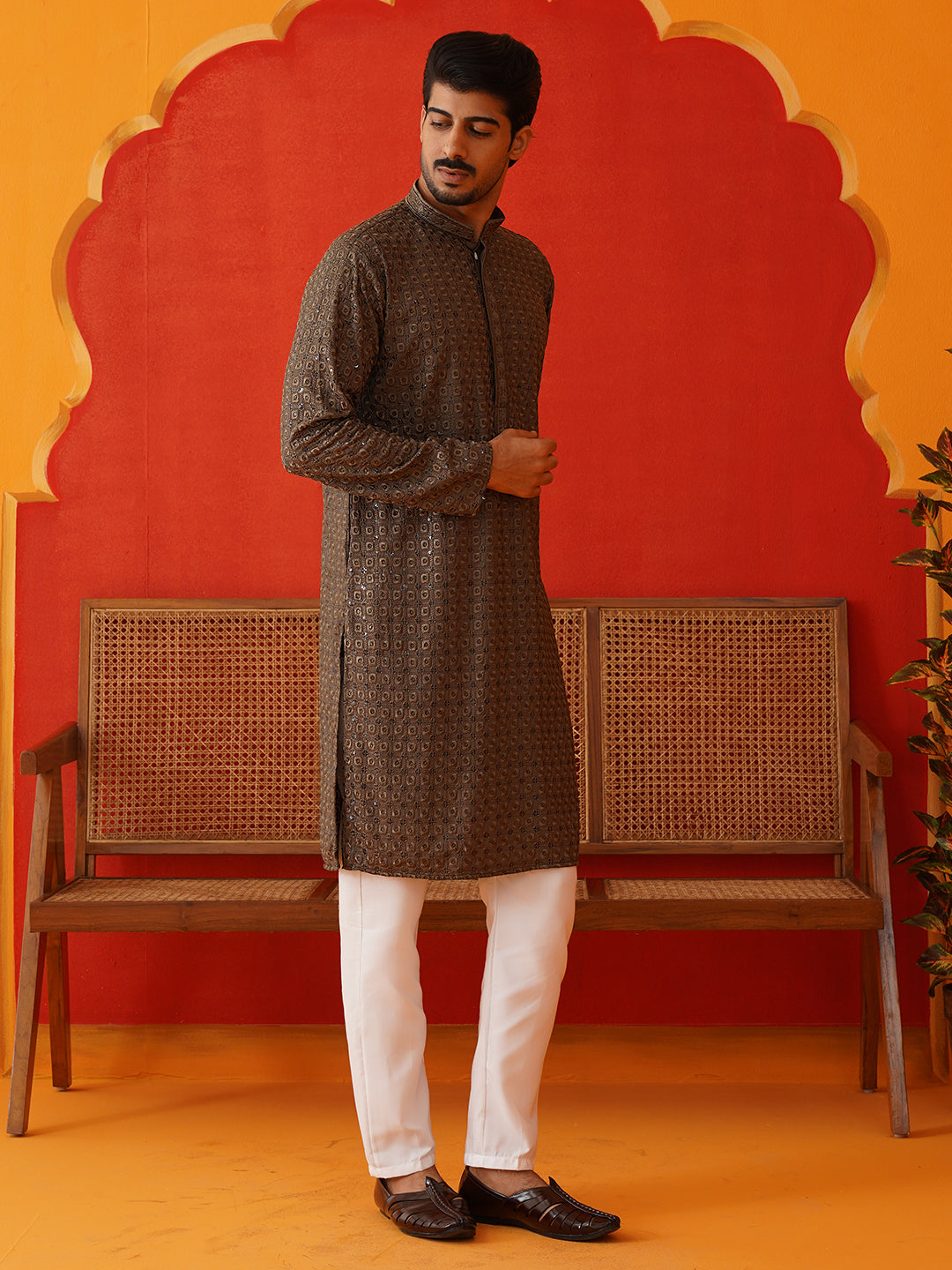 Embroidered Chikankari And Sequence Kurta Set For Men