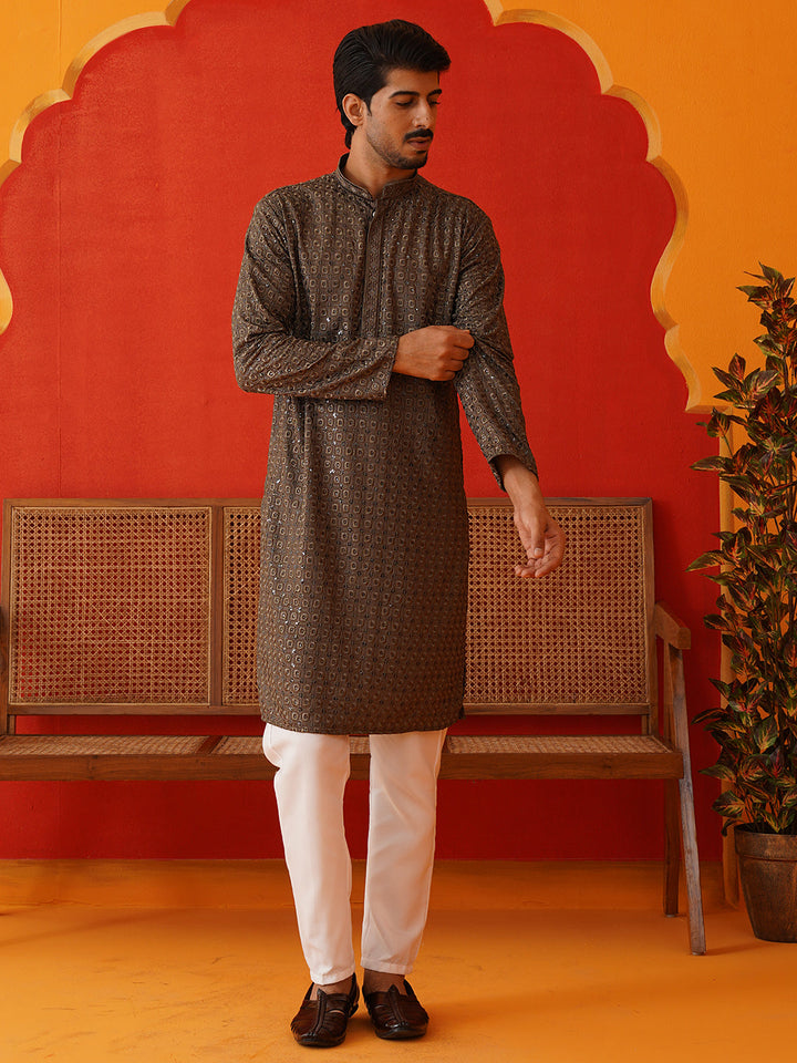 Embroidered Chikankari And Sequence Kurta Set For Men