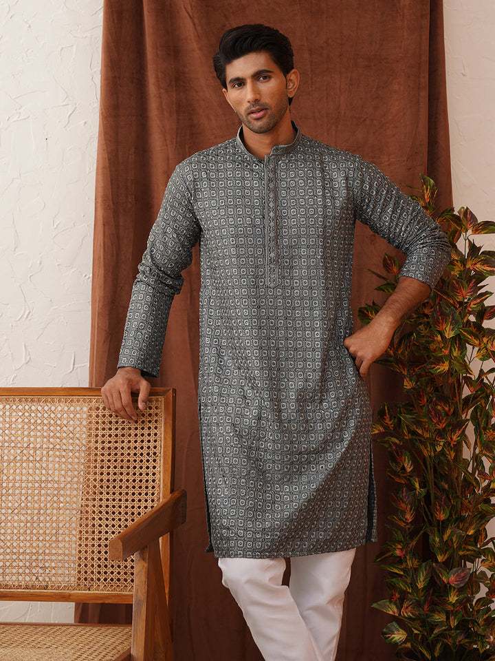 Embroidered Chikankari And Sequence Kurta Set For Men