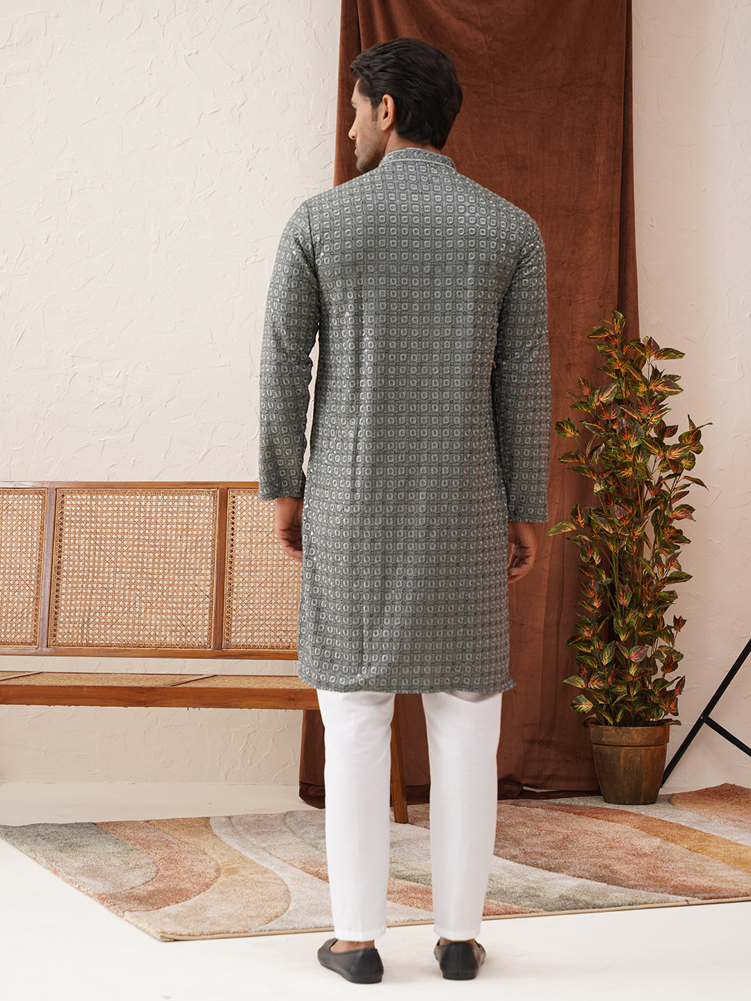 Embroidered Chikankari And Sequence Kurta Set For Men
