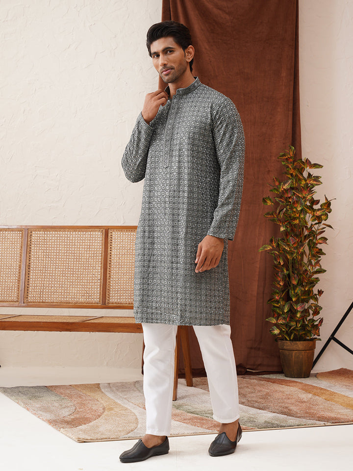 Embroidered Chikankari And Sequence Kurta Set For Men