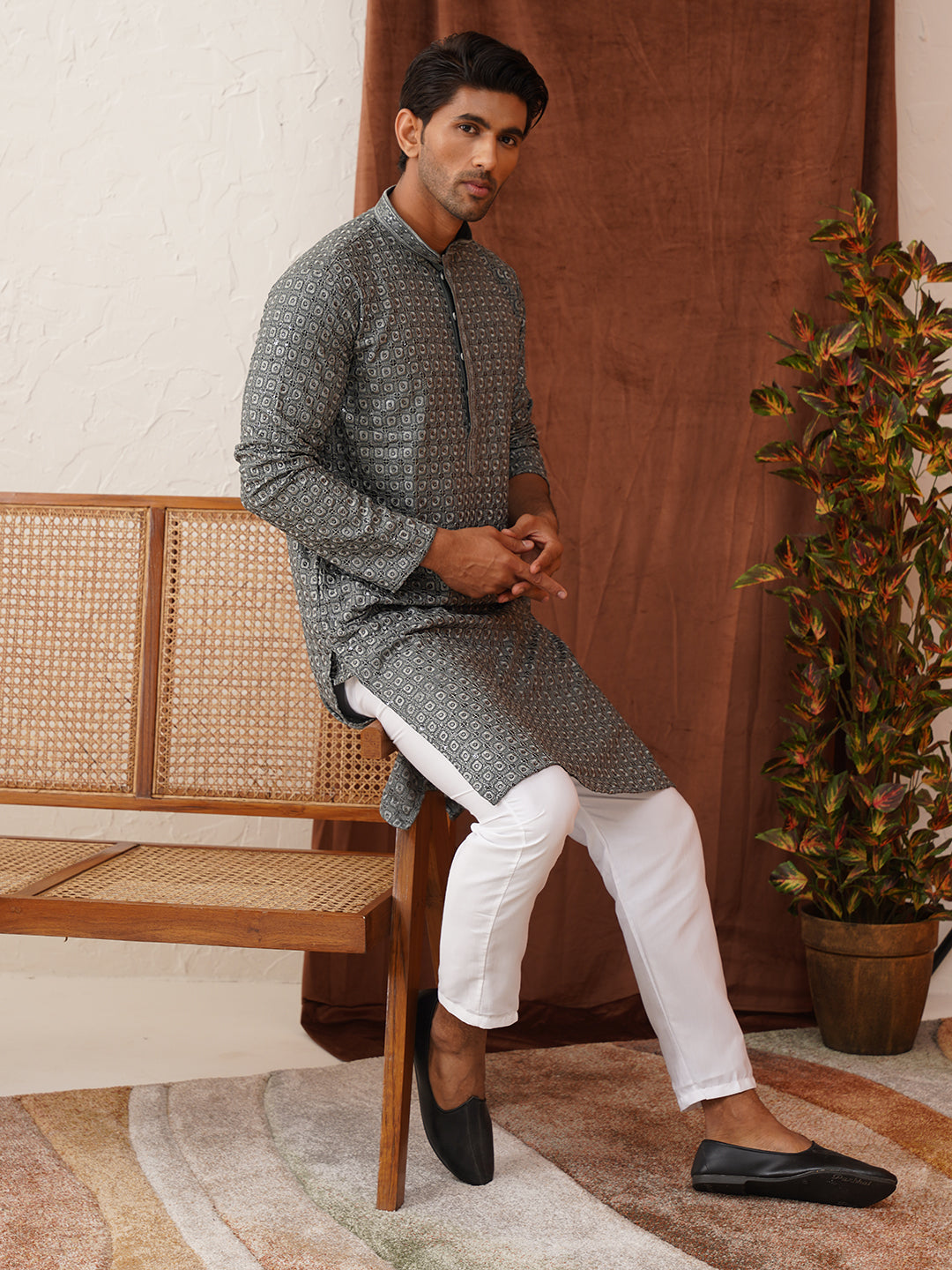 Embroidered Chikankari And Sequence Kurta Set For Men