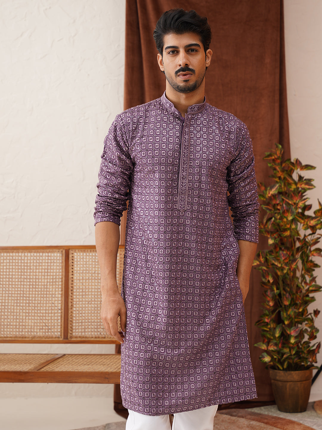 Embroidered Chikankari And Sequence Kurta Set For Men