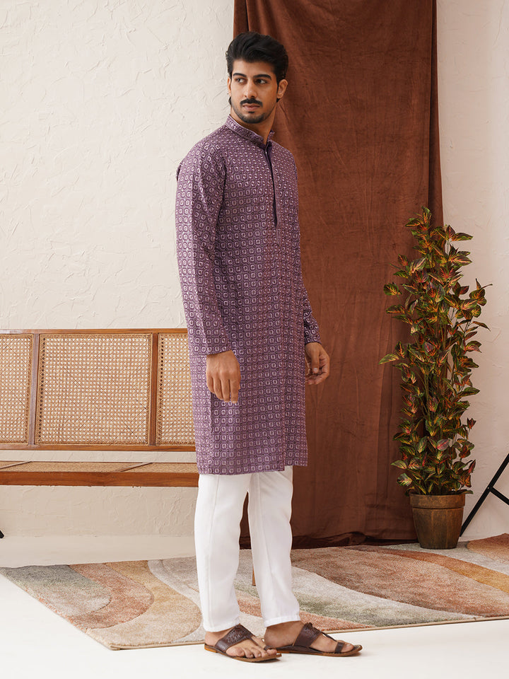 Embroidered Chikankari And Sequence Kurta Set For Men