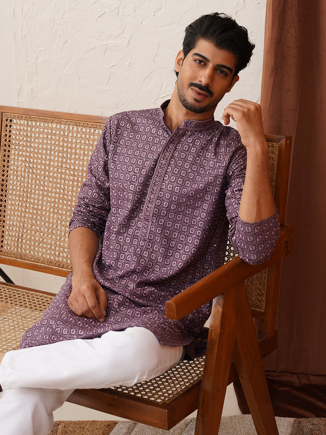 Embroidered Chikankari And Sequence Kurta Set For Men
