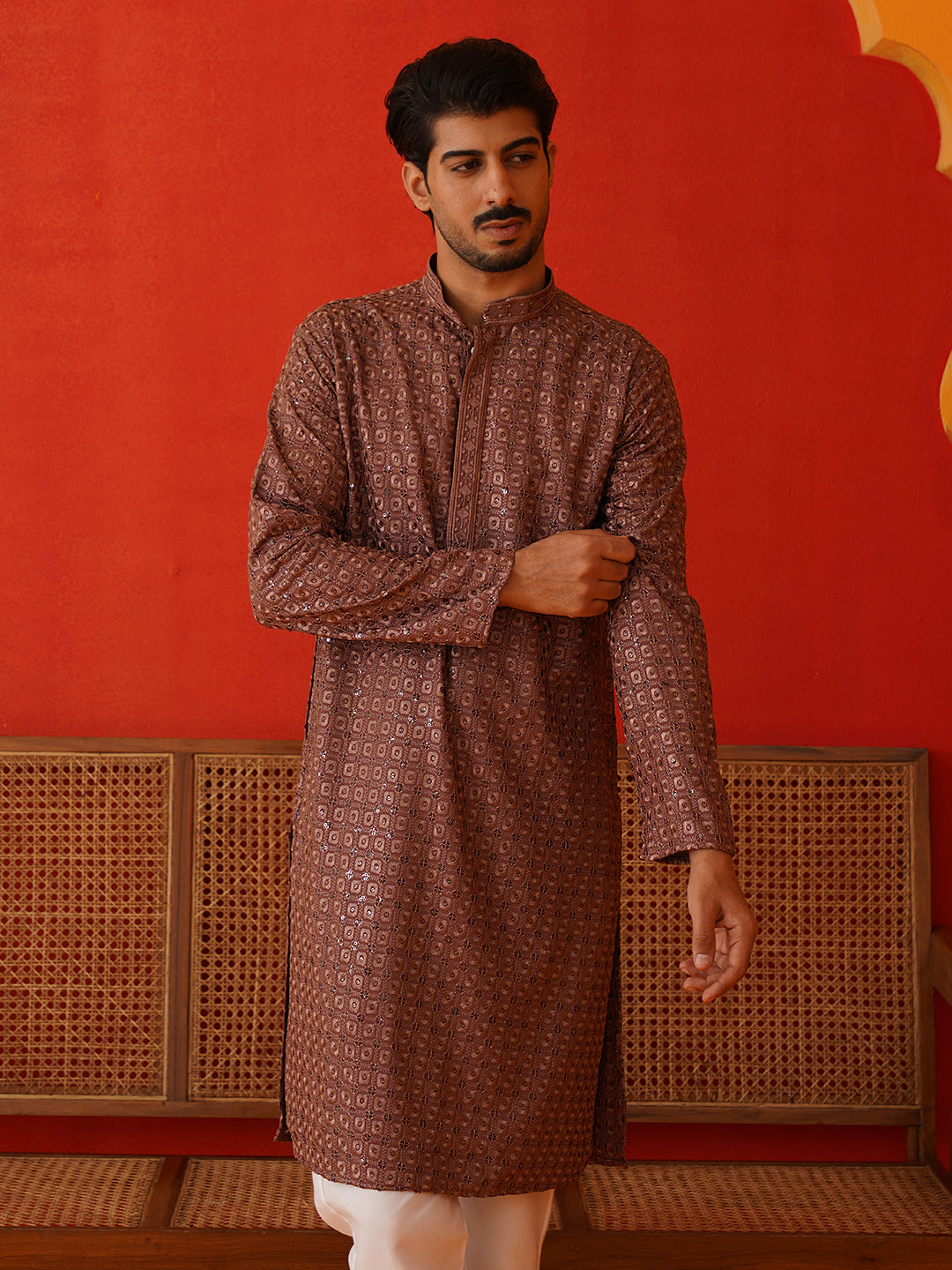 Embroidered Chikankari And Sequence Kurta Set For Men