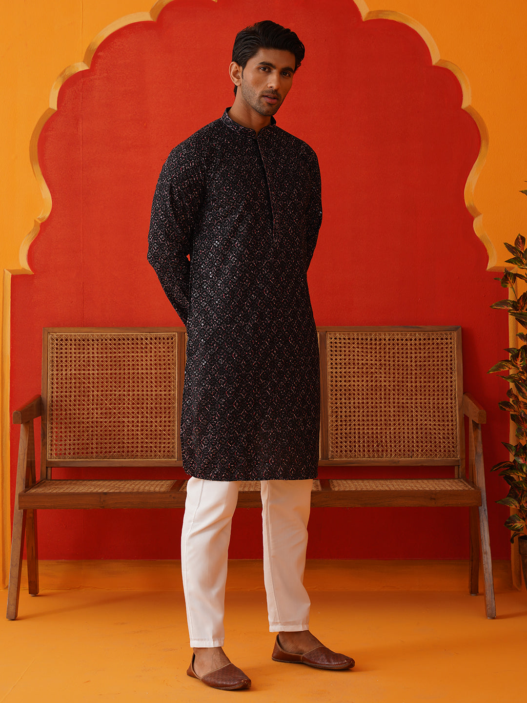 Embroidered Viscose Kurta Set For Men