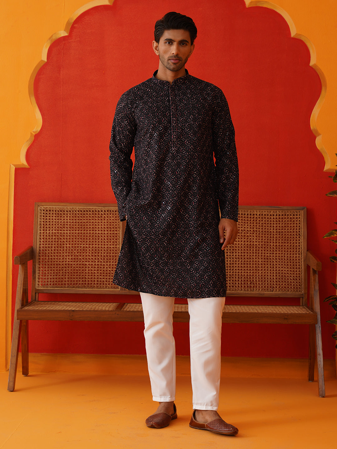Embroidered Viscose Kurta Set For Men