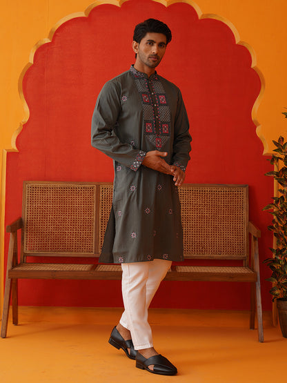 Men Grey Floral Embroidered Kurta Set