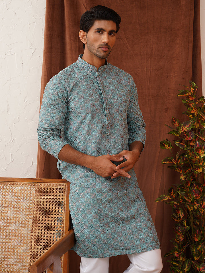 Embroidered Straight Kurta Set For Men