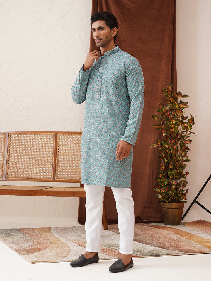 Embroidered Straight Kurta Set For Men