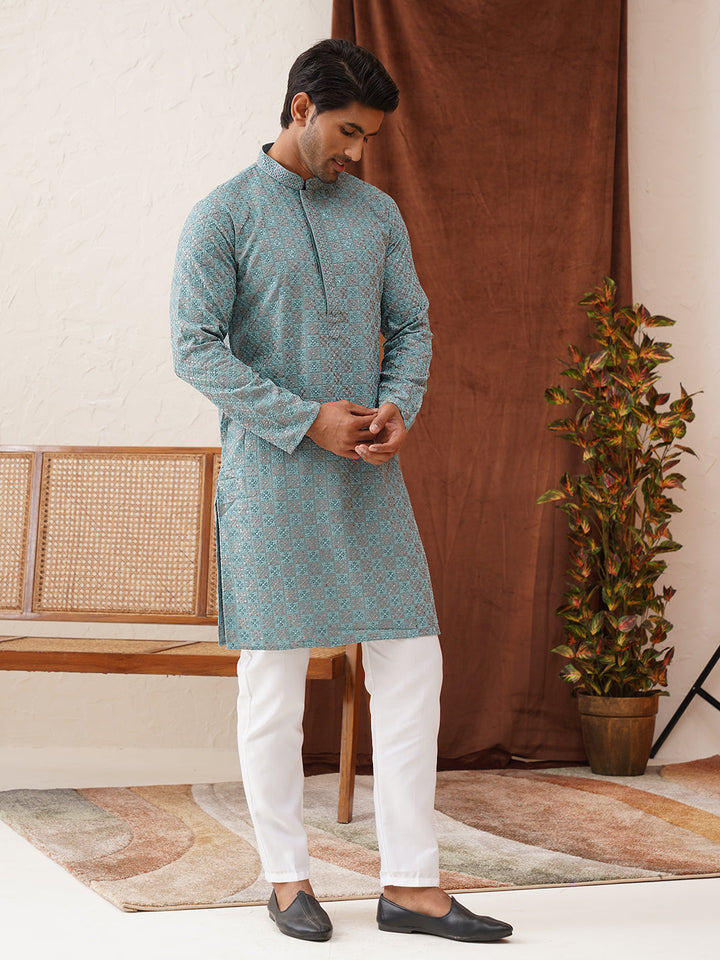 Embroidered Straight Kurta Set For Men