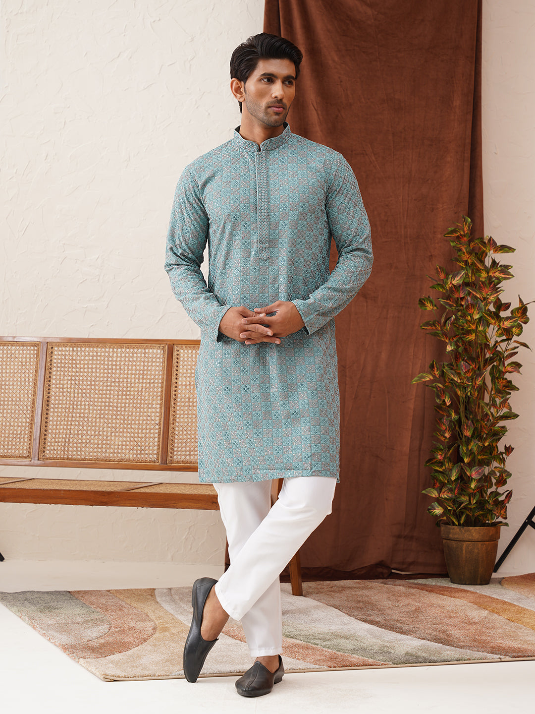 Embroidered Straight Kurta Set For Men
