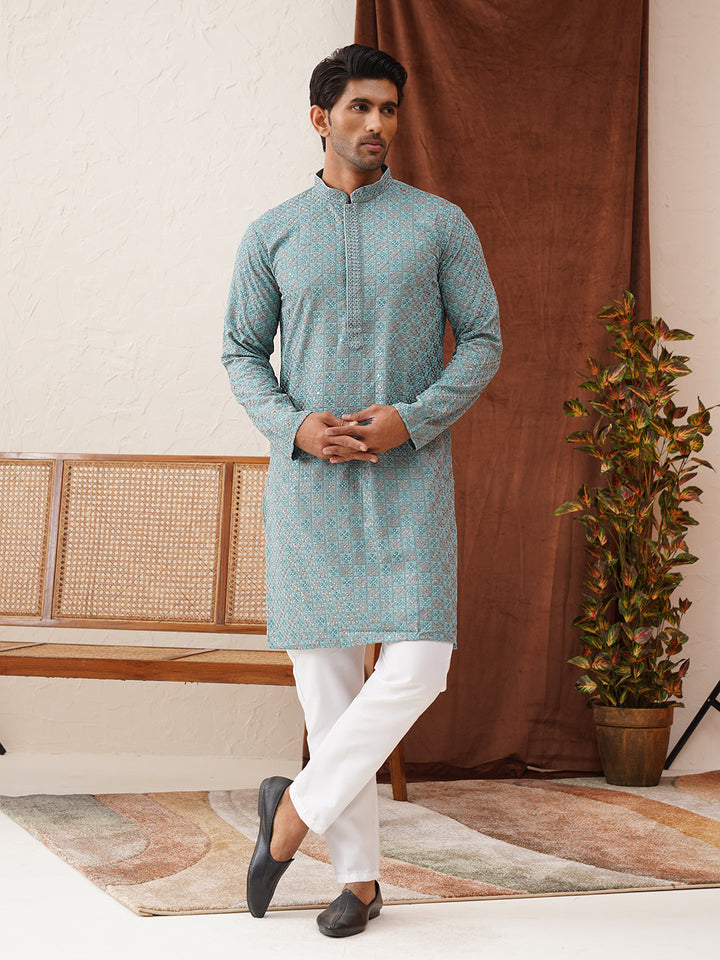 Embroidered Straight Kurta Set For Men