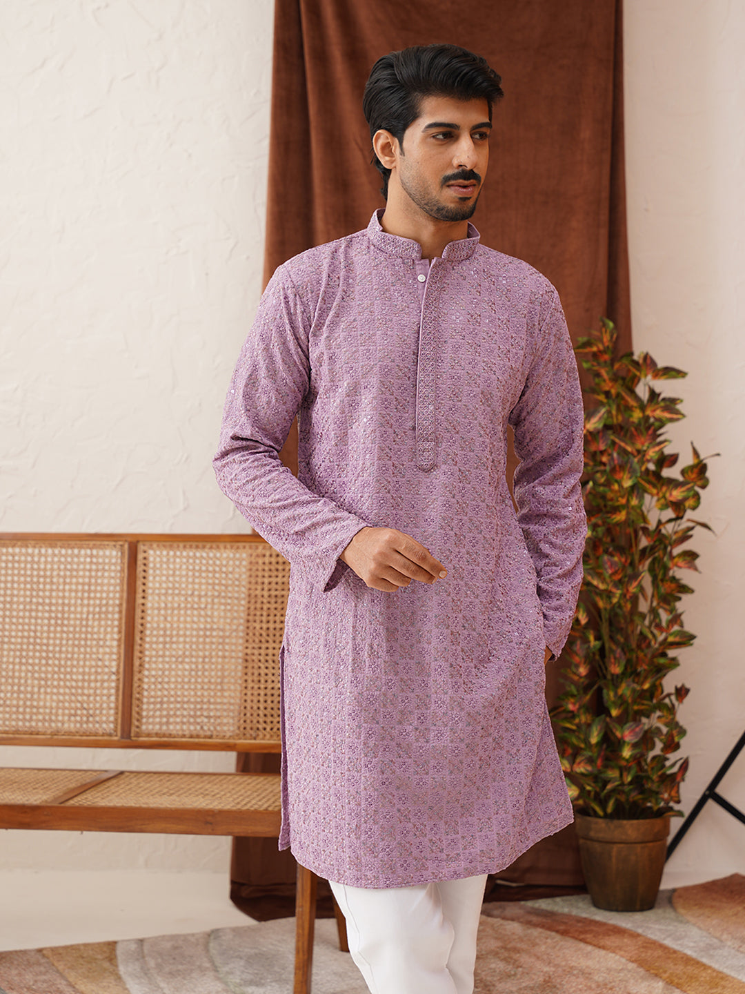 Embroidered Straight Kurta Set For Men