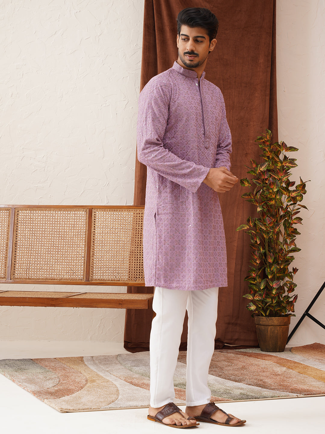 Embroidered Straight Kurta Set For Men