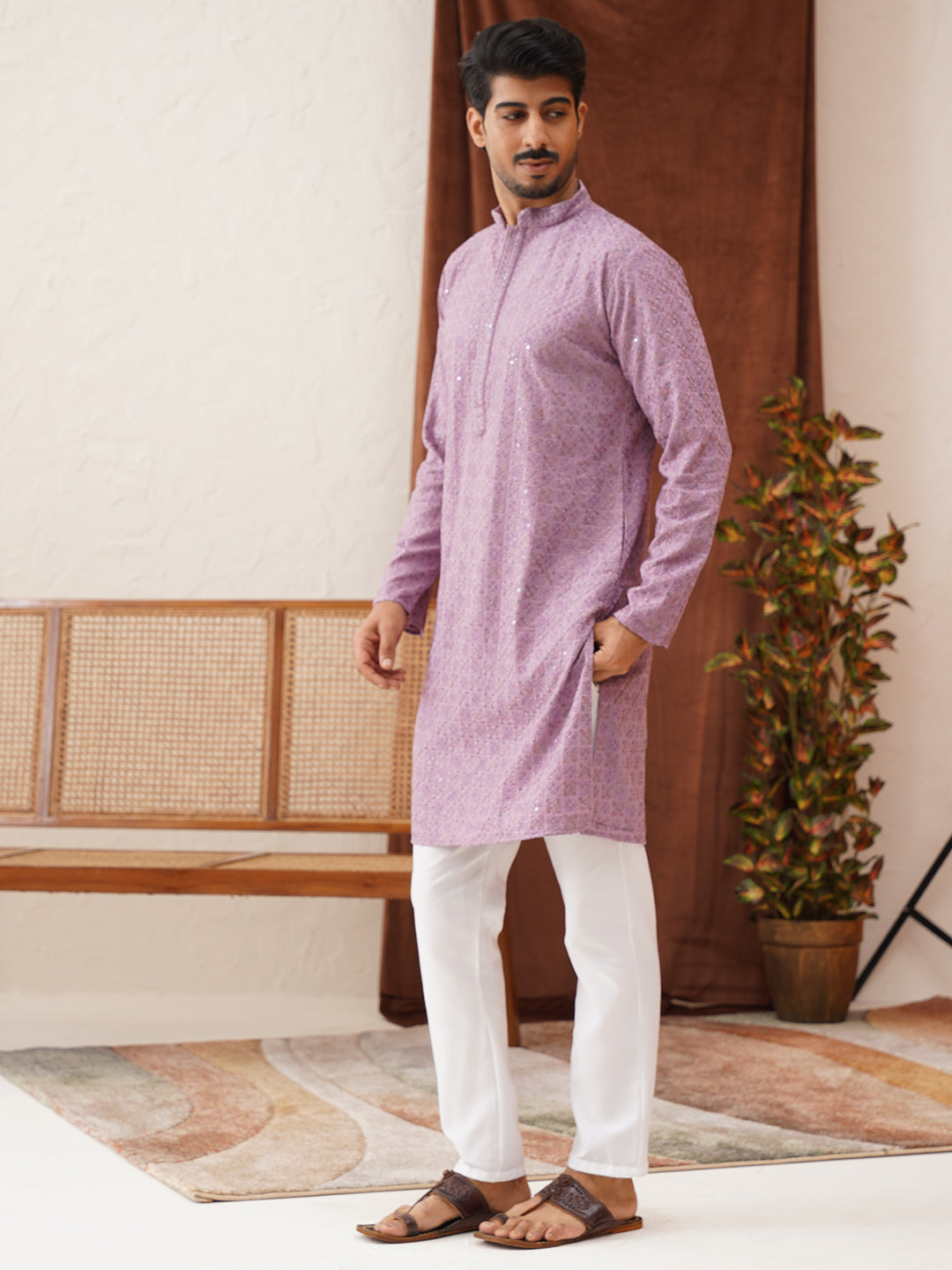 Embroidered Straight Kurta Set For Men