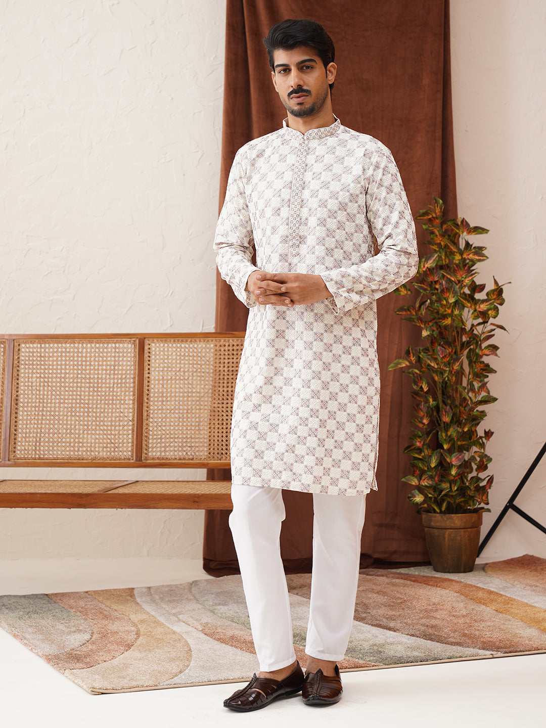 Embroidered Straight Kurta Set For Men