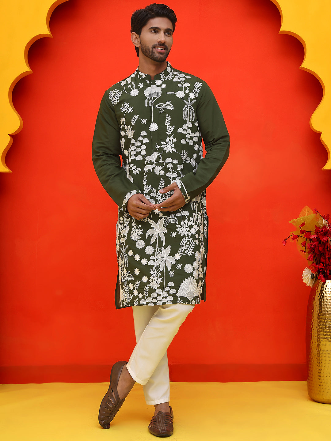 Embroidered Straight Kurta Pyjama Set.