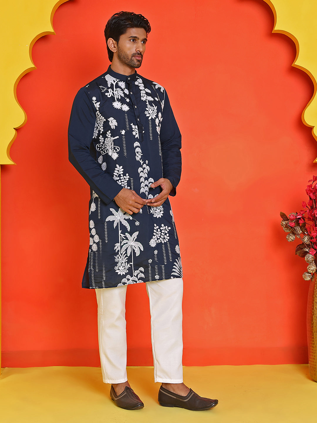 Embroidered Straight Kurta Pyjama Set.