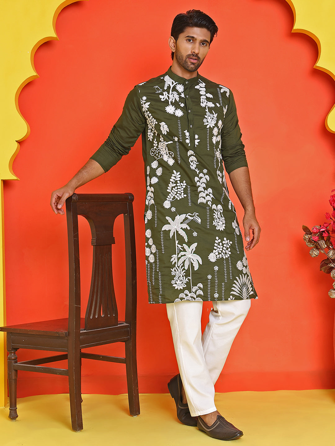 Embroidered Straight Kurta Pyjama Set.
