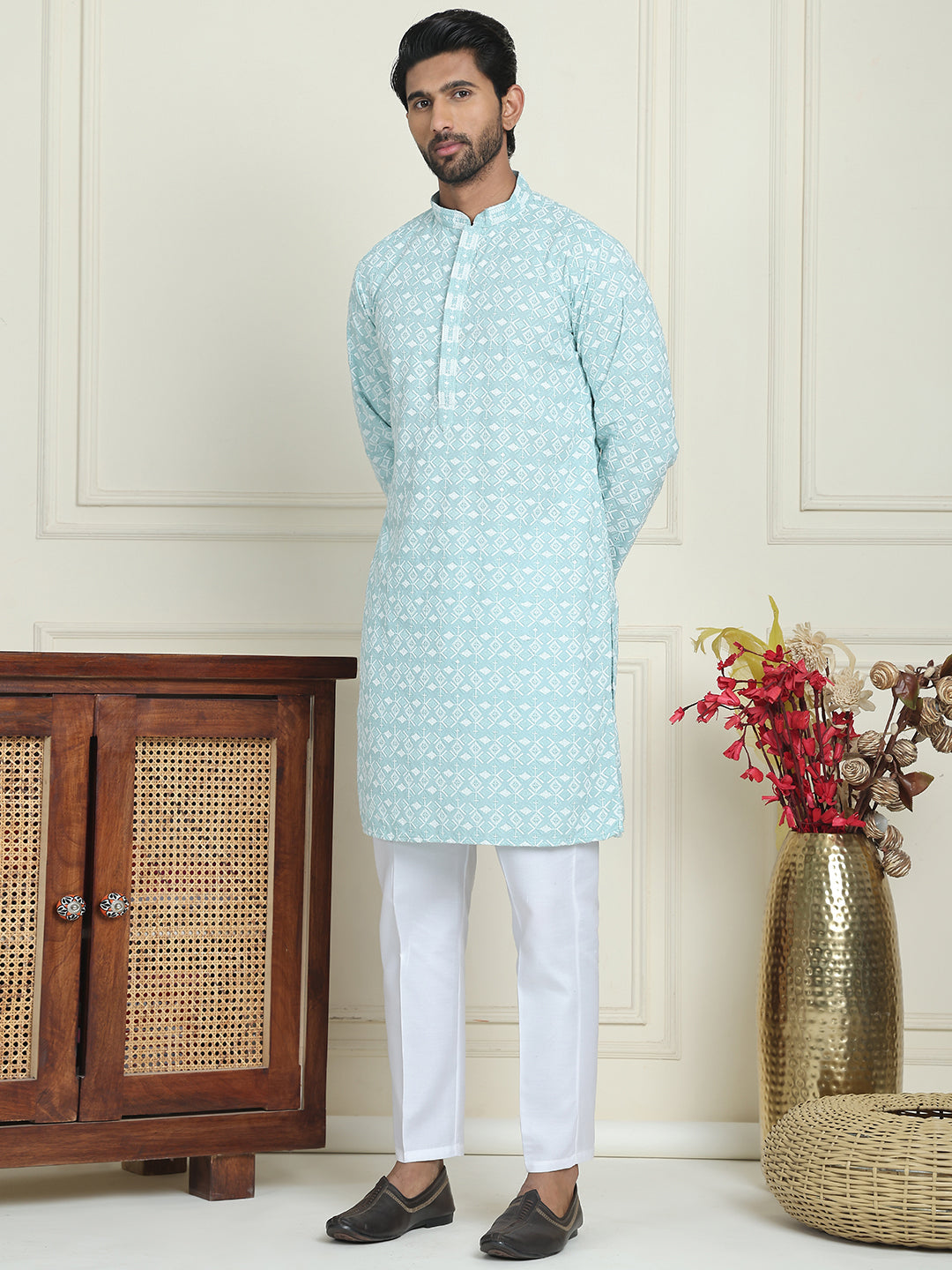 Embroidered And Sequins Straight Kurta Set For Men