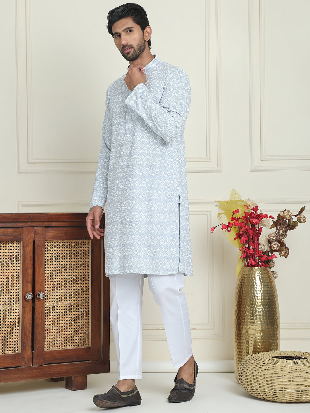 Embroidered And Sequins Straight Kurta Set For Men