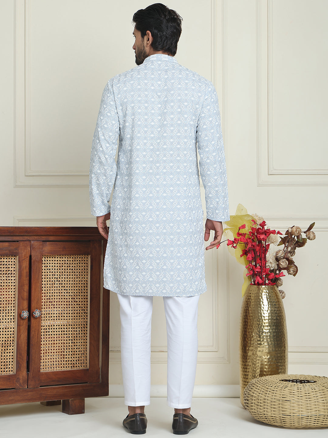 Embroidered And Sequins Straight Kurta Set For Men