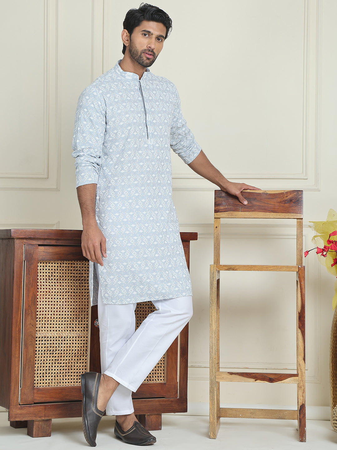 Embroidered And Sequins Straight Kurta Set For Men