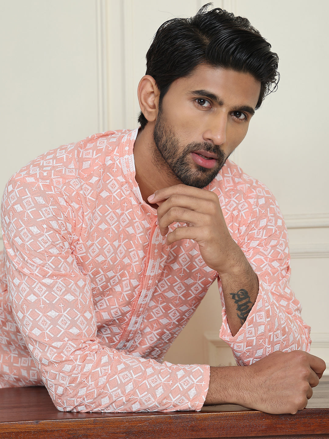Embroidered And Sequins Straight Kurta Set For Men