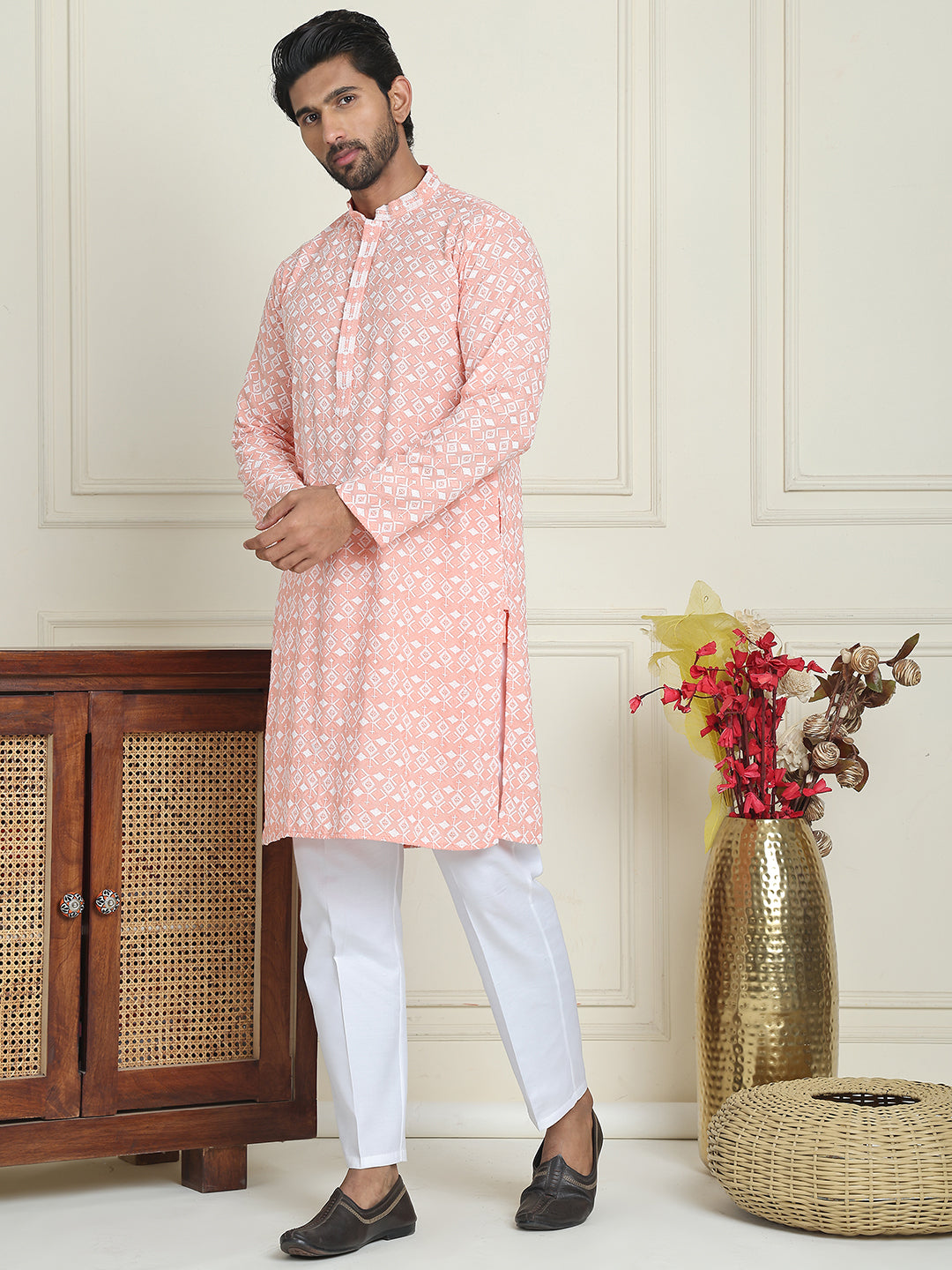 Embroidered And Sequins Straight Kurta Set For Men