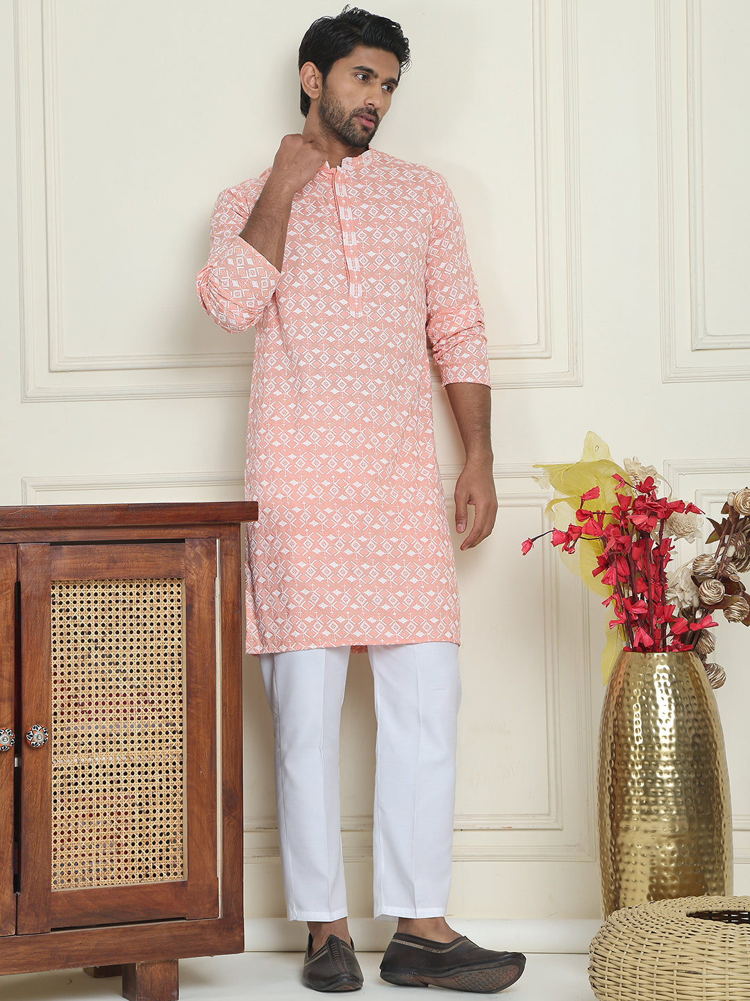 Embroidered And Sequins Straight Kurta Set For Men