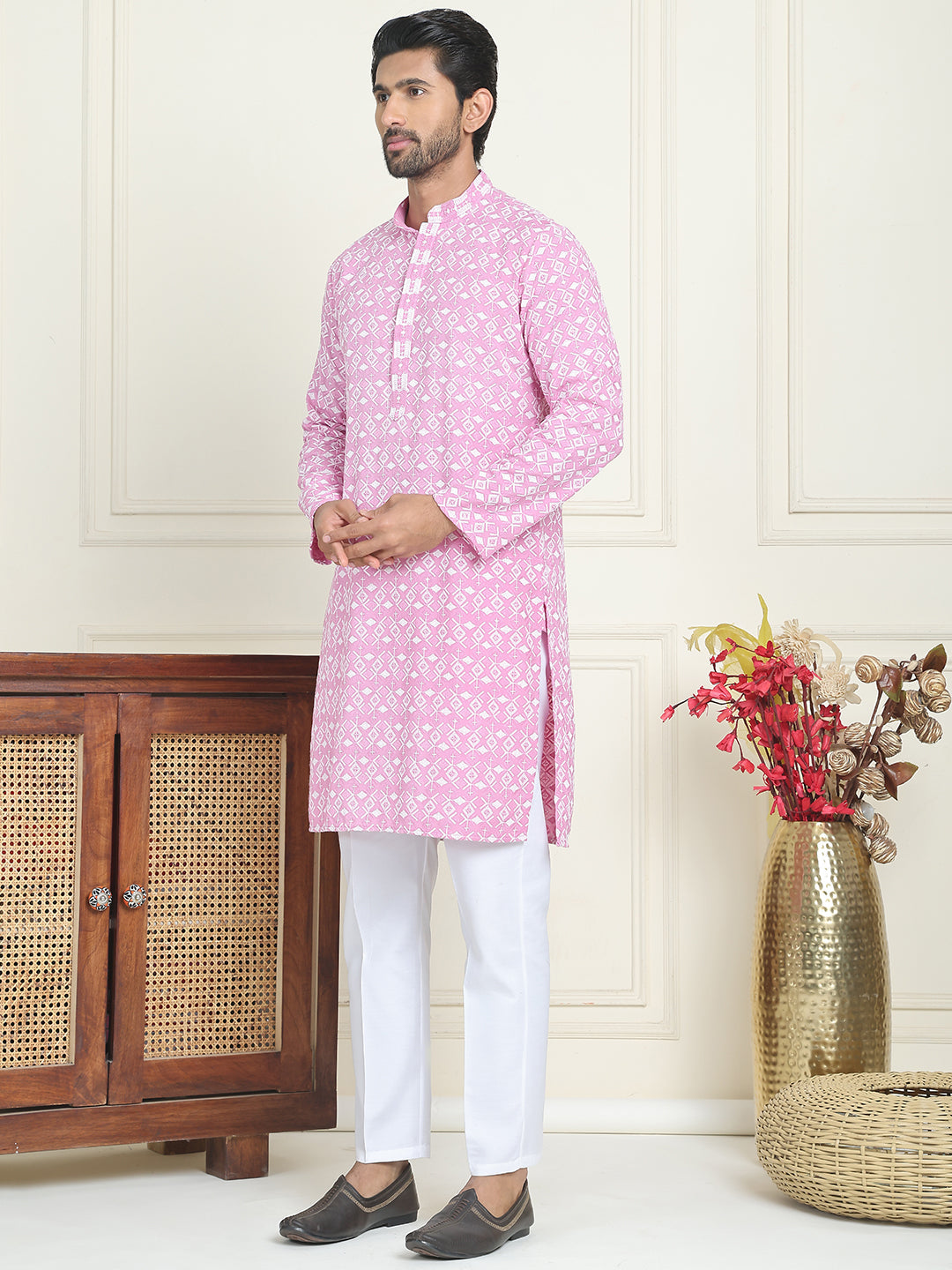 Embroidered And Sequins Straight Kurta Set For Men