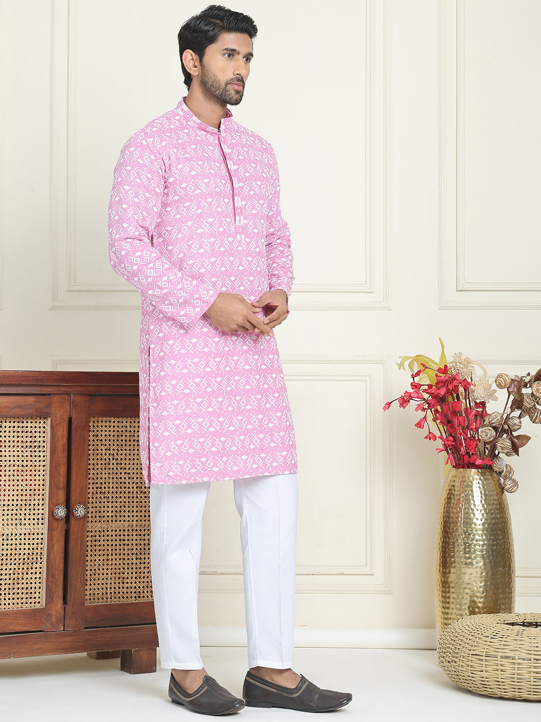 Embroidered And Sequins Straight Kurta Set For Men