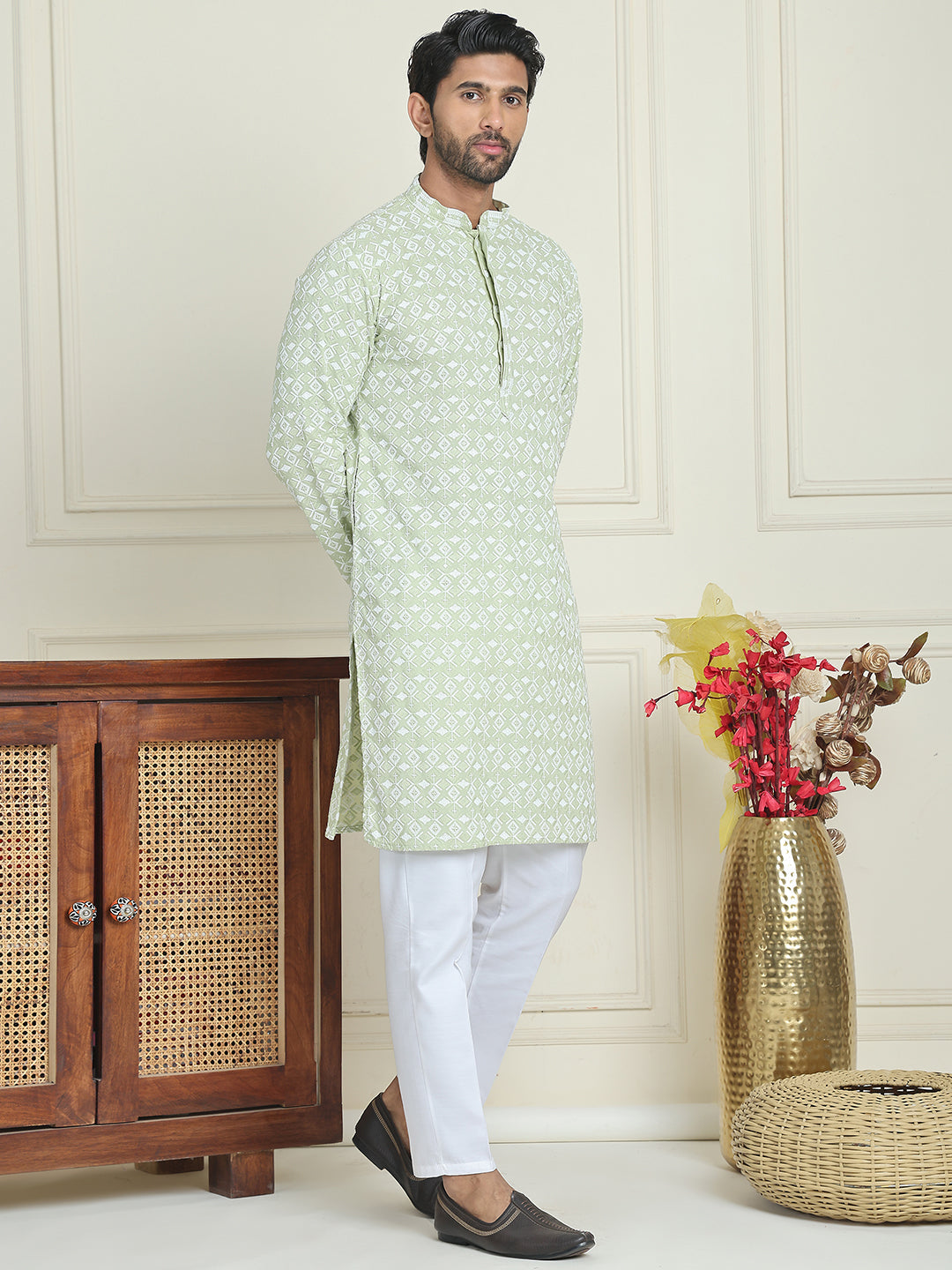 Embroidered And Sequins Straight Kurta Set For Men