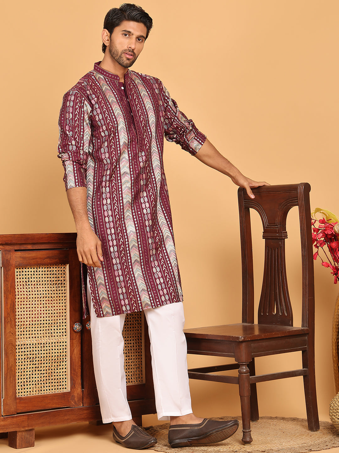 Embroidered And Sequins Kurta Pyjama Set For Men