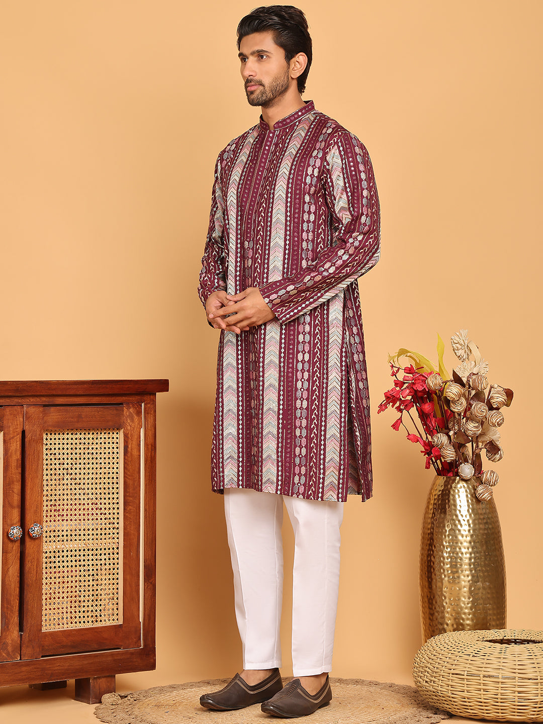 Embroidered And Sequins Kurta Pyjama Set For Men