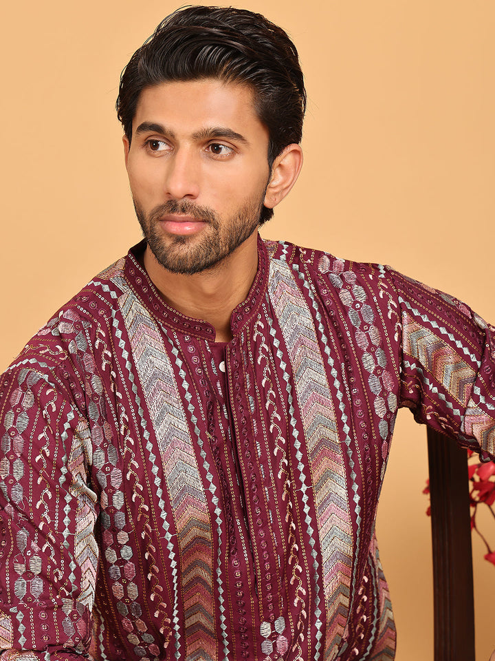 Embroidered And Sequins Kurta Pyjama Set For Men