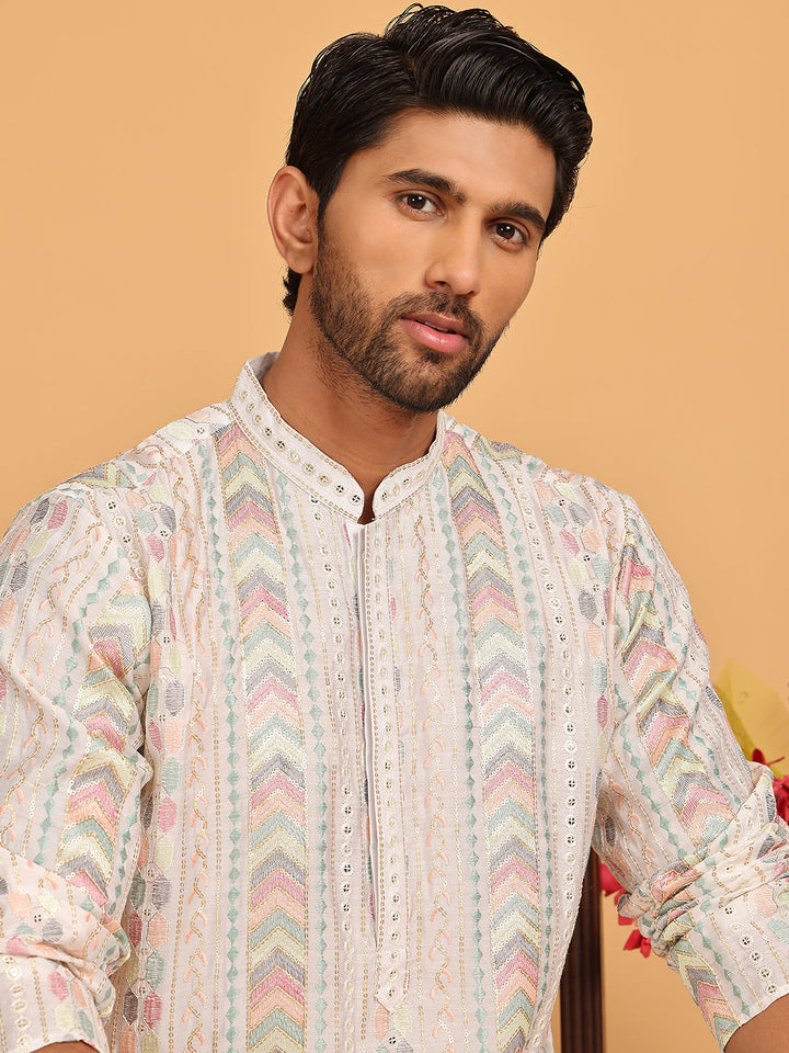 Embroidered And Sequins Kurta Pyjama Set For Men