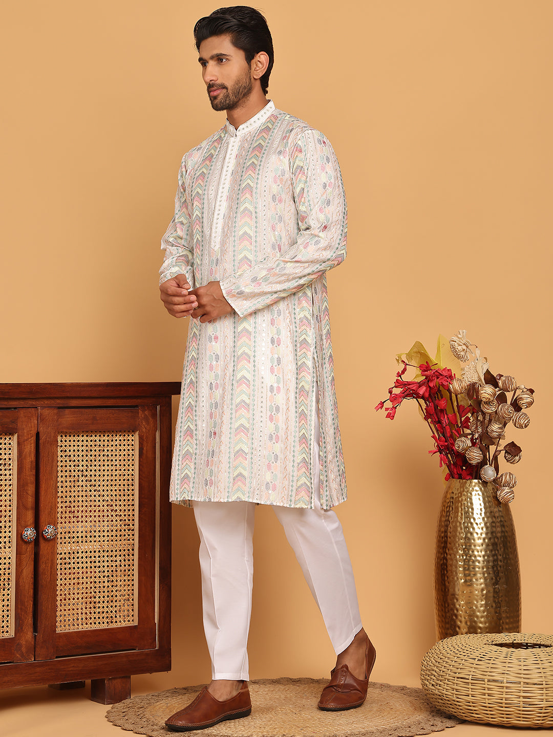 Embroidered And Sequins Kurta Pyjama Set For Men