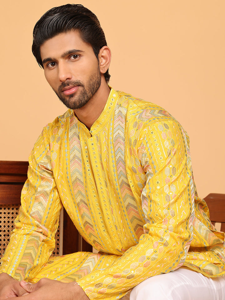 Embroidered And Sequins Kurta Pyjama Set For Men
