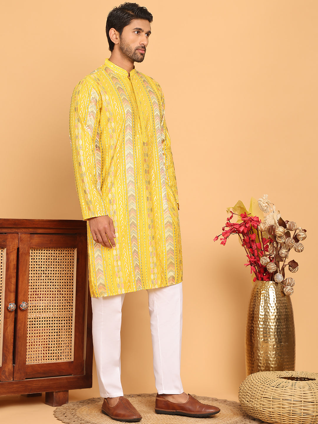Embroidered And Sequins Kurta Pyjama Set For Men