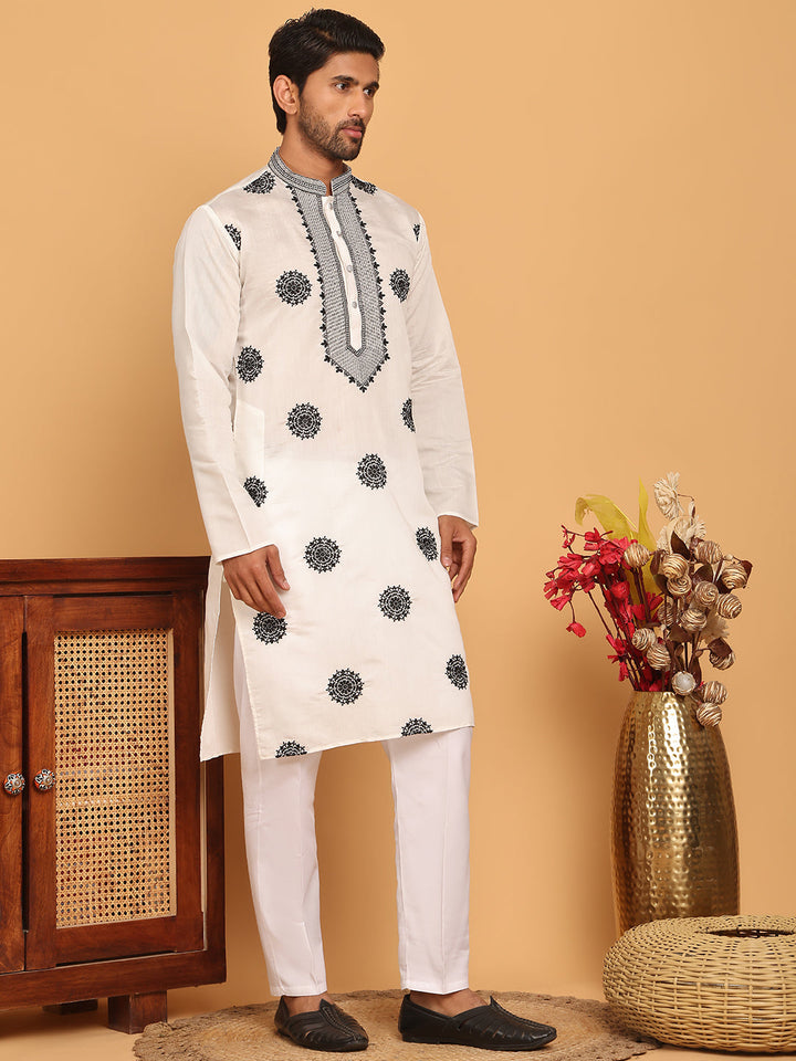 White Embroidered And Sequins Kurta Pyjama Set.