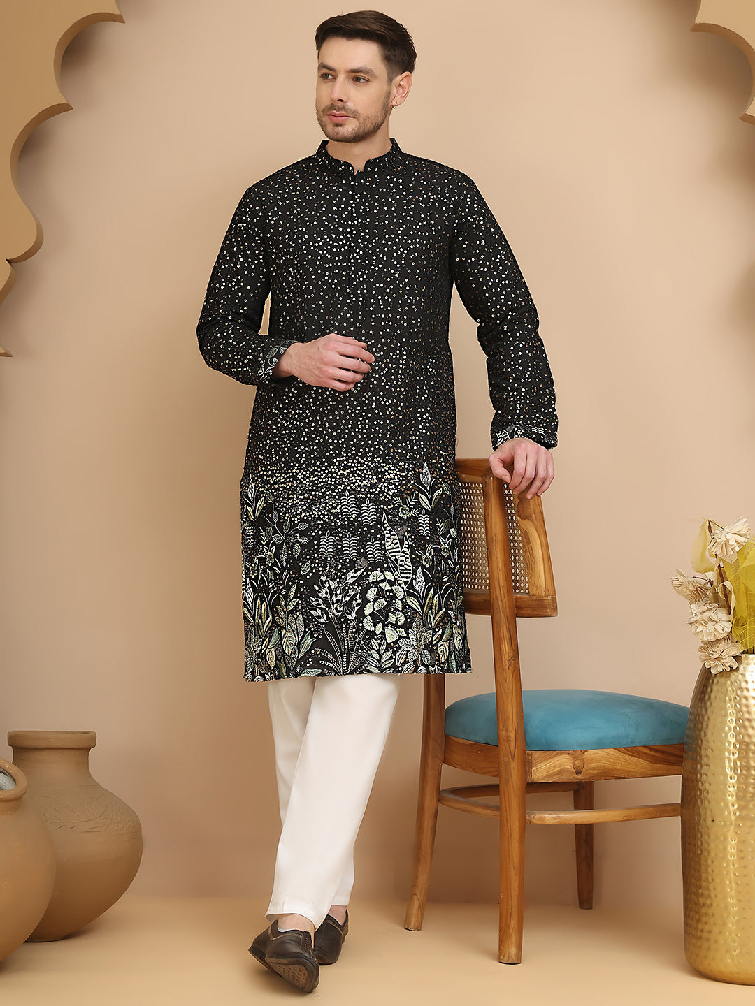 Embroidered And Sequins Silk Blend Kurta Pyjama Set.