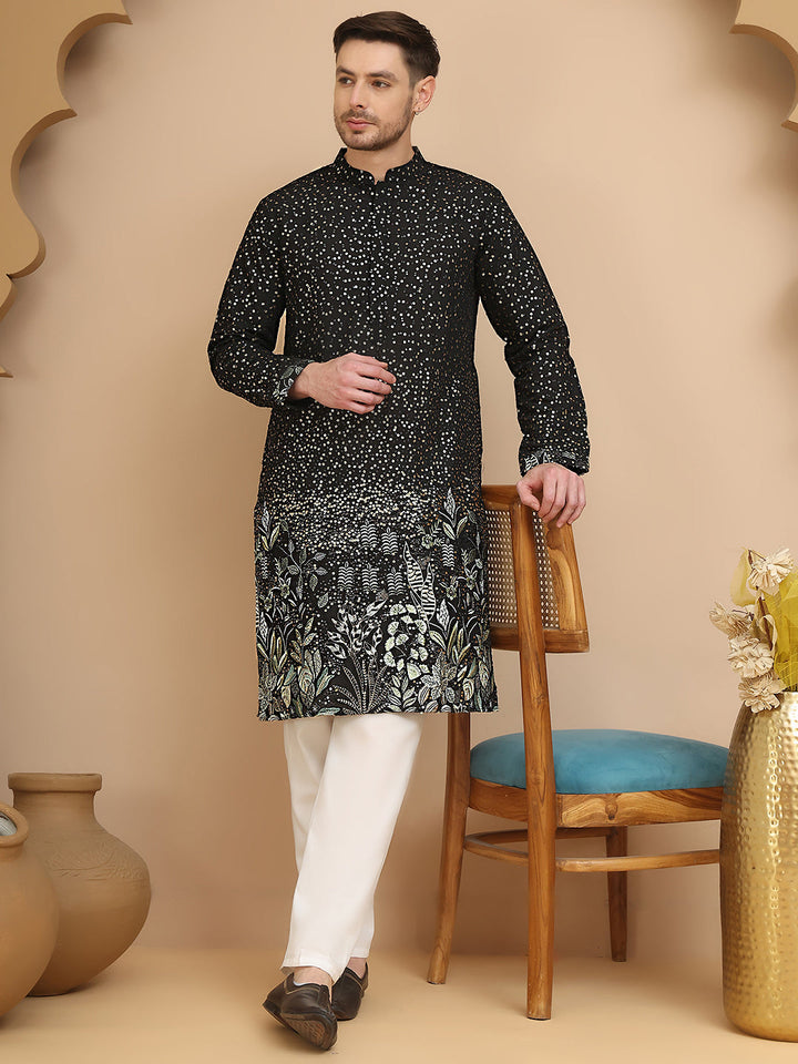 Embroidered And Sequins Silk Blend Kurta Pyjama Set.
